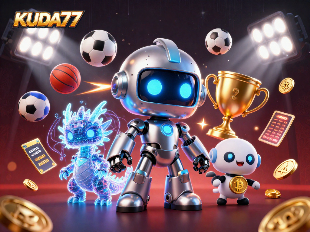 Menangkan peluang dengan KUDA77, ilustrasi kasino digital 3D yang menakjubkan dan penuh energi.