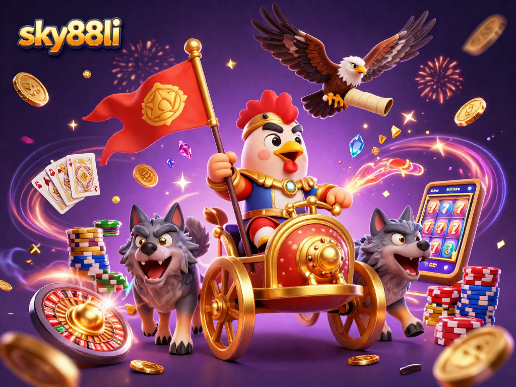 Sky88li brings excitement to gambling with a dynamic 3D illustration of a warlord in a golden chariot.