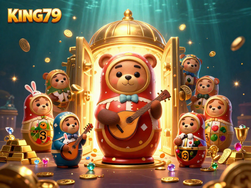 Engage in the vibrant casino world of KING79 with a whimsical and immersive illustration.