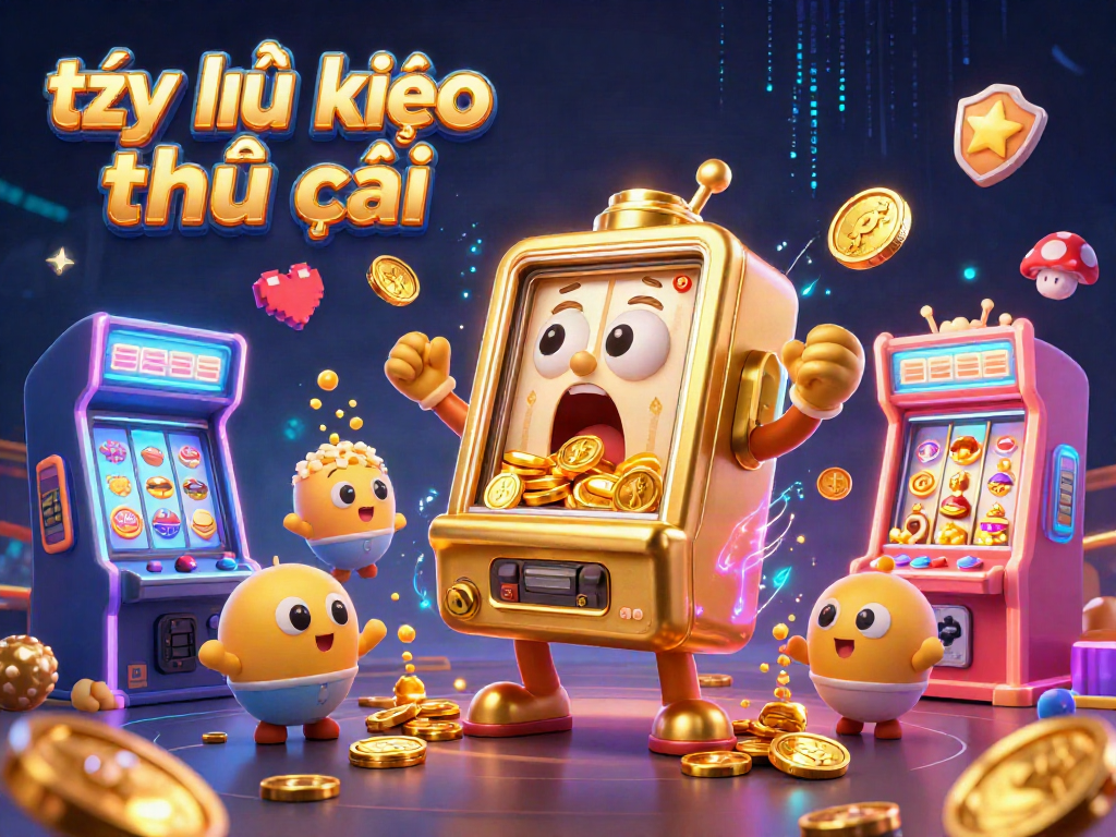 Tỷ lệ kèo nhà cái showcased as a golden slot machine hits a jackpot, surrounded by lively game elements.