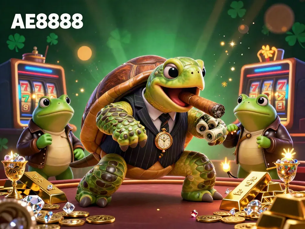 Win with AE8888 in a vibrant casino scene, featuring a mobster turtle and frog enforcers.