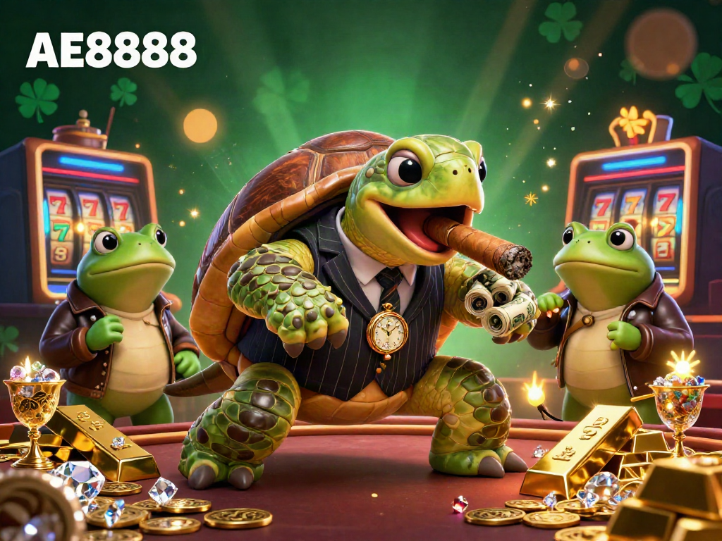 Win with AE8888 in a vibrant casino scene, featuring a mobster turtle and frog enforcers.
