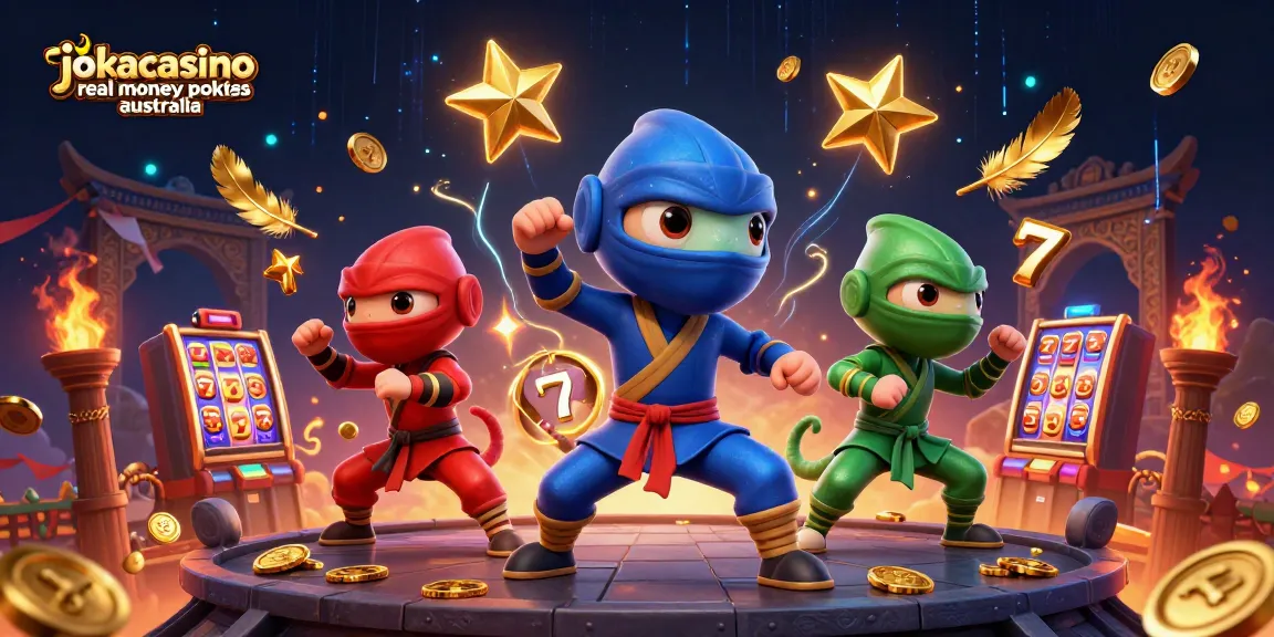 Engage in thrilling gameplay at jokacasino real money pokies australia with dynamic 3D ninja chameleons and casino symbols.