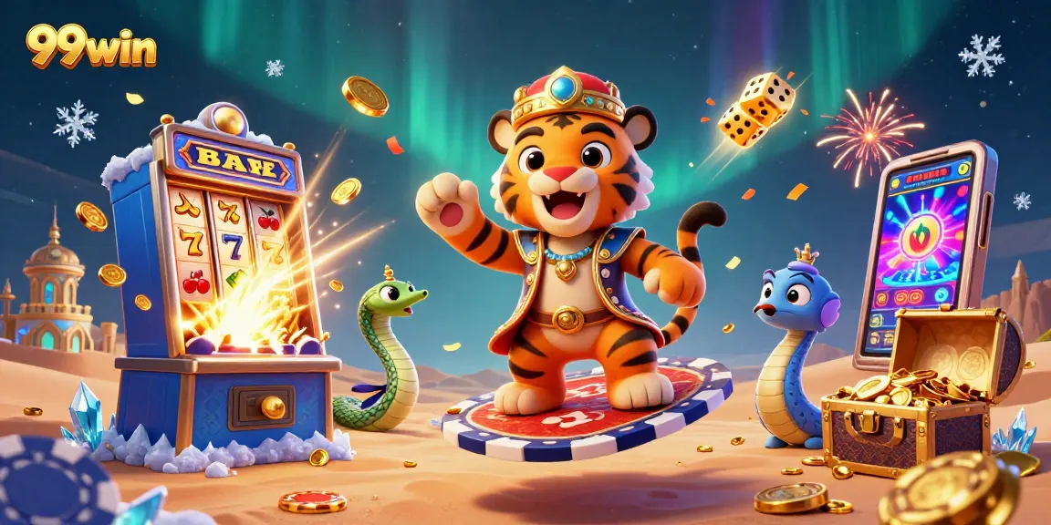 Win big with 99win in this vibrant 3D casino scene featuring slots and treasures.