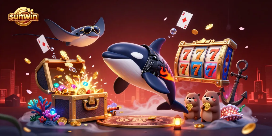Experience sunwin with captivating 3D illustrations showcasing vibrant slot games, sea creatures, and dynamic casino elements.
