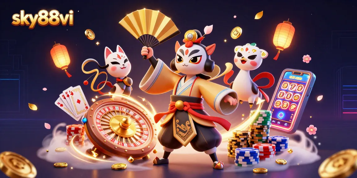 Bet big on sky88vi with a vivid illustration of kabuki warriors amidst sparkling casino treasures.