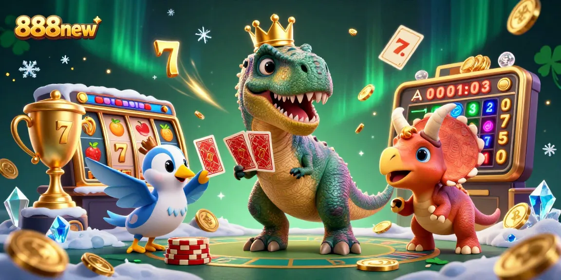Engage with 888new in a vibrant casino scene featuring a T-Rex and friends playing slots.