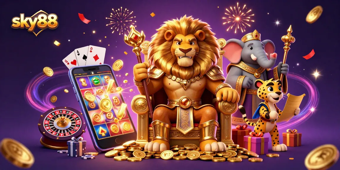 Spin to win at sky88 with vibrant slot games and royal treasures in an exciting 3D illustration.