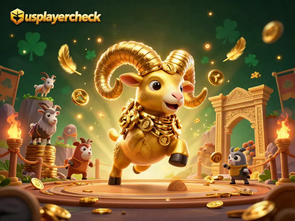 usplayercheck presents an exciting illustration of golden ram charging through a casino scene filled with coins and trophies.