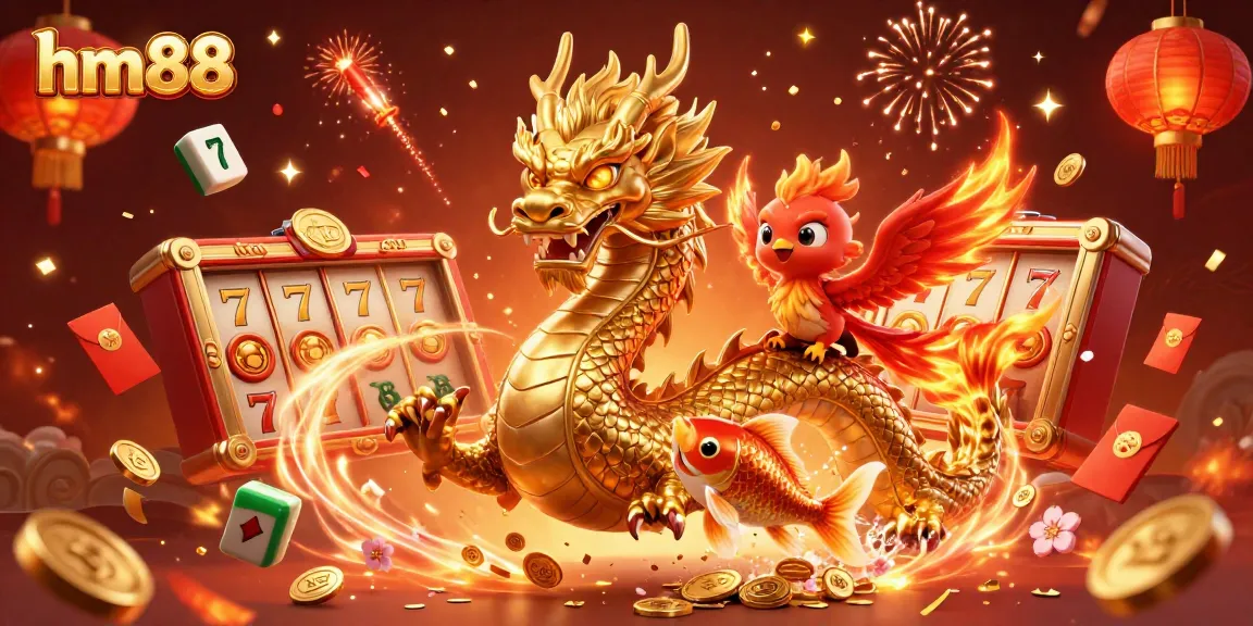 Experience dynamic gameplay at hm88 with a golden dragon, phoenix, and koi amidst a festival of gaming elements.