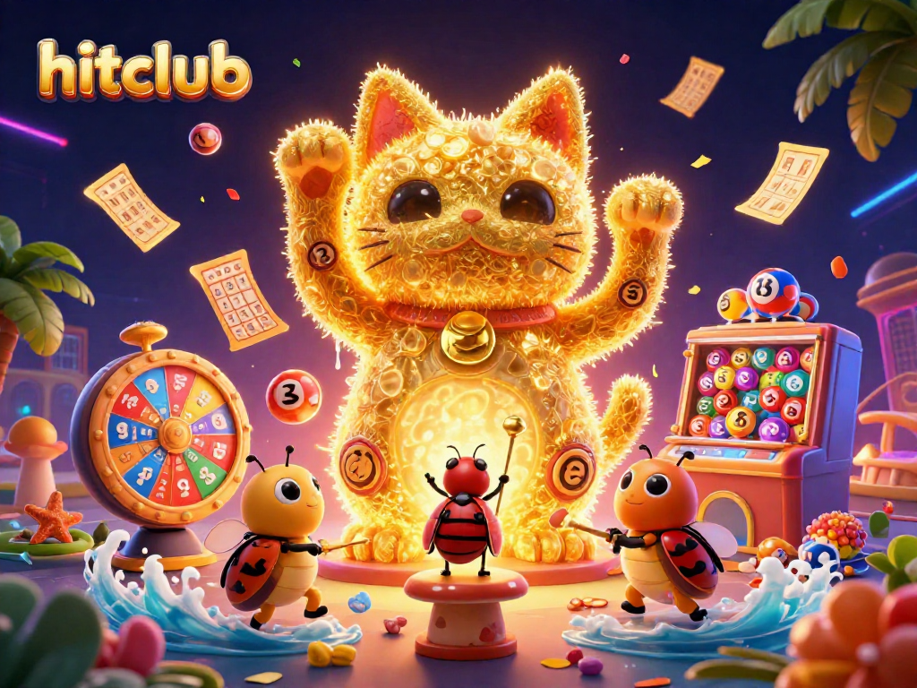 Experience hitclub's vibrant gaming atmosphere with golden fireflies, lottery balls, and rich casino elements.
