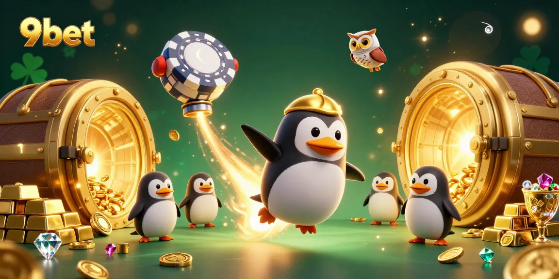Experience thrilling adventures with 9bet as a golden penguin soars past a dazzling casino in outer space.