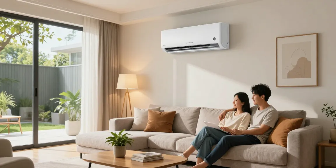Relaxed couple enjoying comfort from a mini split air conditioner in a bright living room setting.