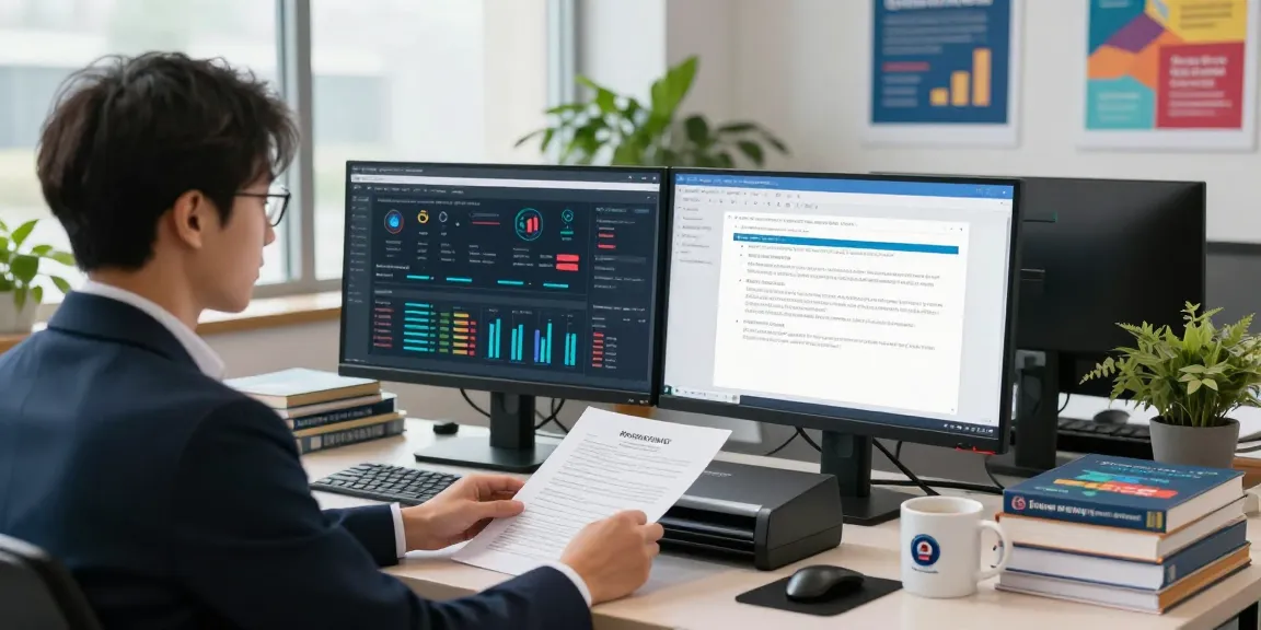Office scene showing compliance analyst focused on document fraud detection analysis through dual monitors and documents.