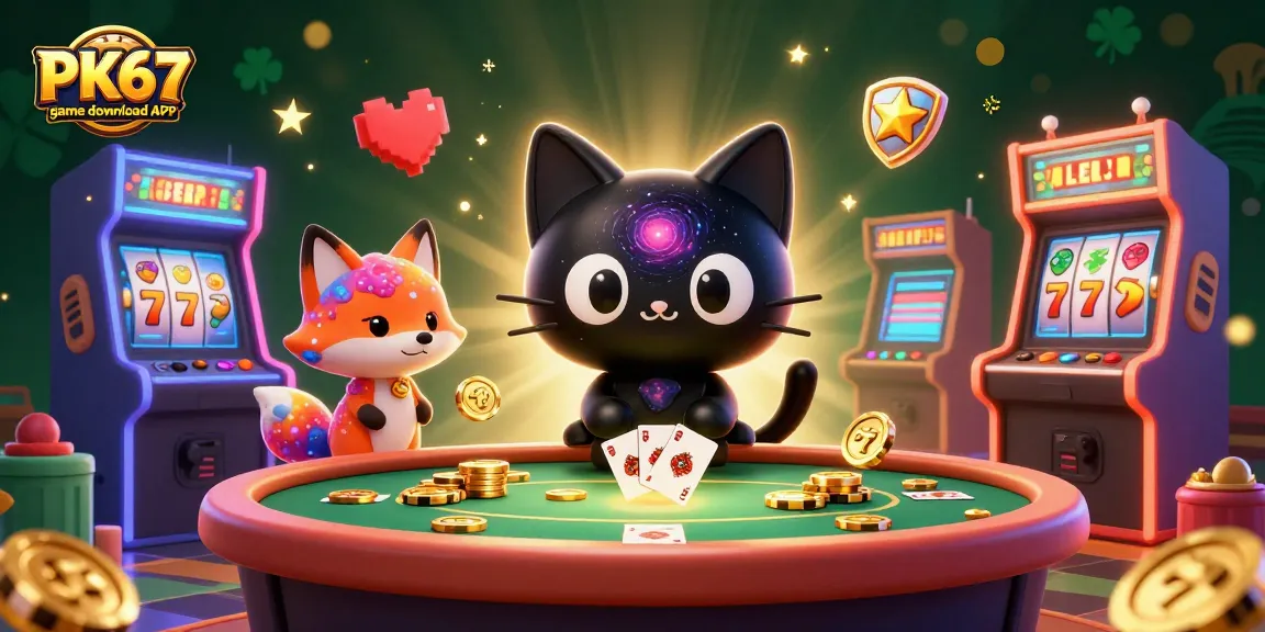 Engage with the thrilling PK67 game download APK in this vibrant cosmic casino illustration featuring dynamic characters and gaming elements.
