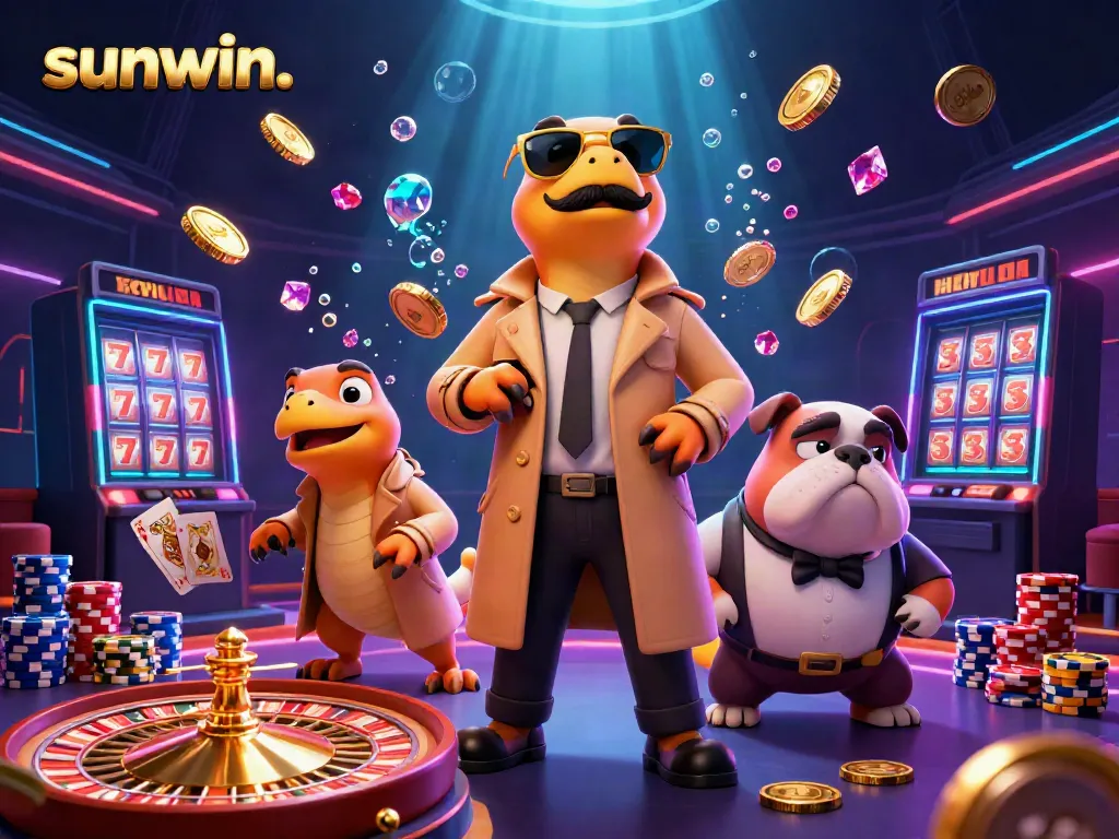 Experience the thrill of the sunwin. VIP lounge with animated raptors and vibrant casino elements.