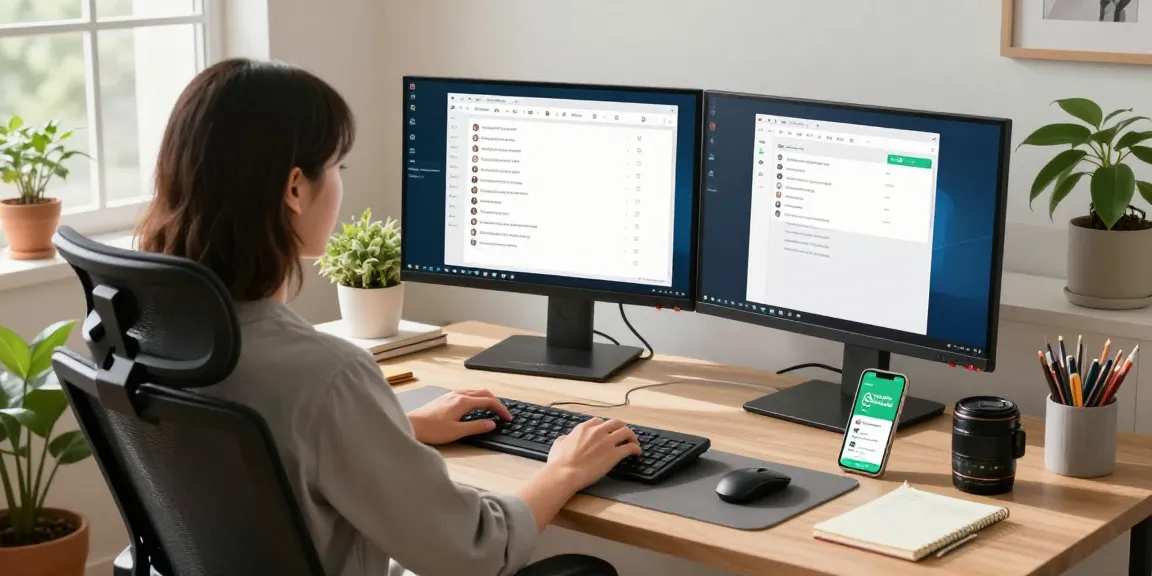 Person using WhatsApp電腦版 on a dual monitor setup in a modern office