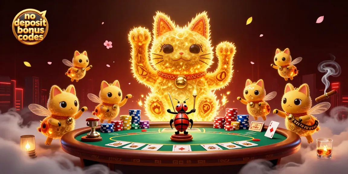 Experience no deposit bonus codes with a vibrant 3D illustration of a lucky cat and casino symbols.