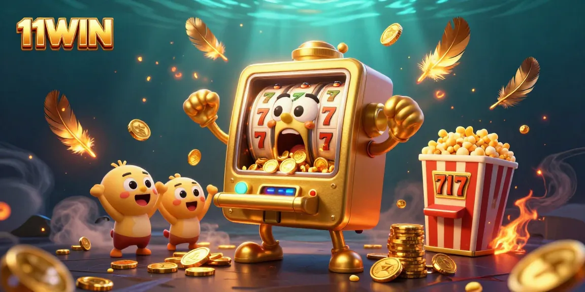 Experience the thrill of 11WIN as the golden slot machine hits a jackpot with coins flowing everywhere.