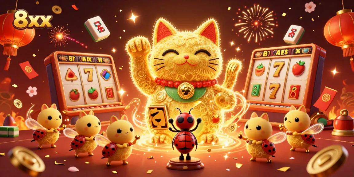 Experience luck with 8xx's animated golden lucky cat and vibrant casino elements.