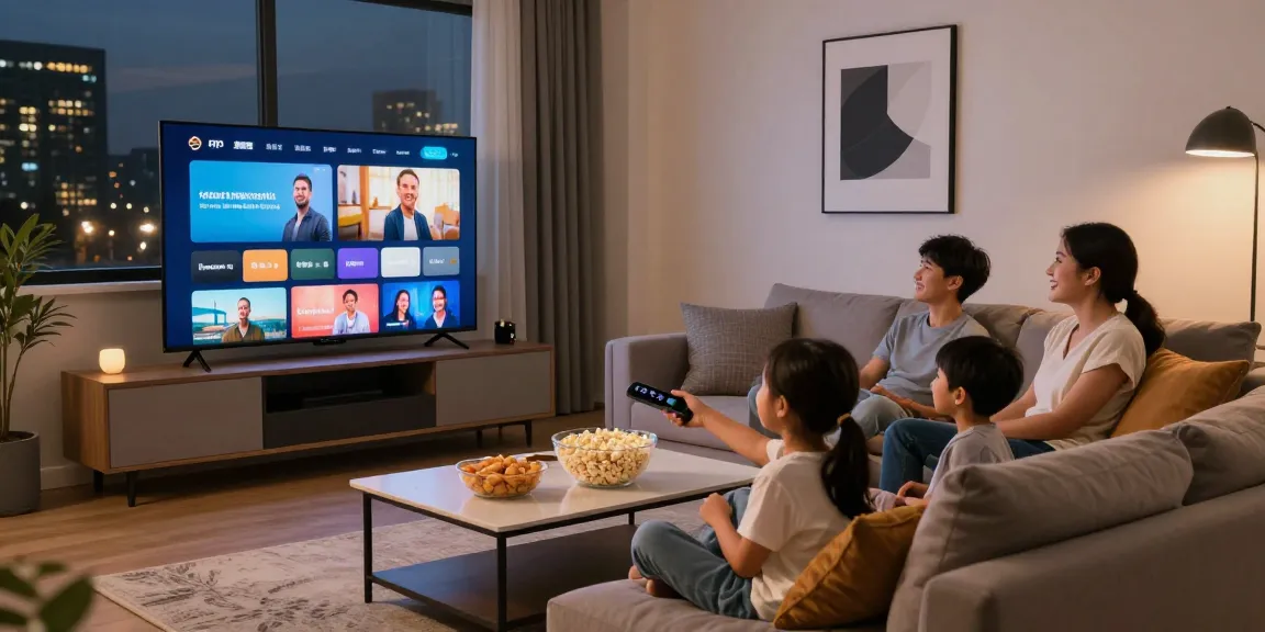 Watch live TV online with family enjoying IPTV in modern living room, cozy atmosphere.