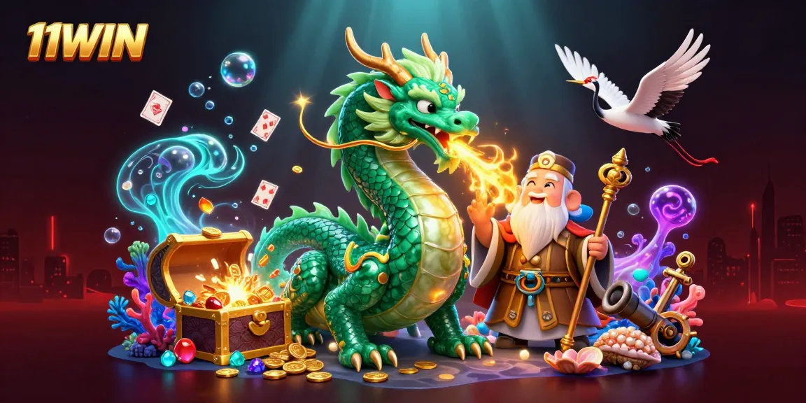 Experience thrilling 11WIN action with the dragon and turtle sage in this vibrant 3D casino scene.