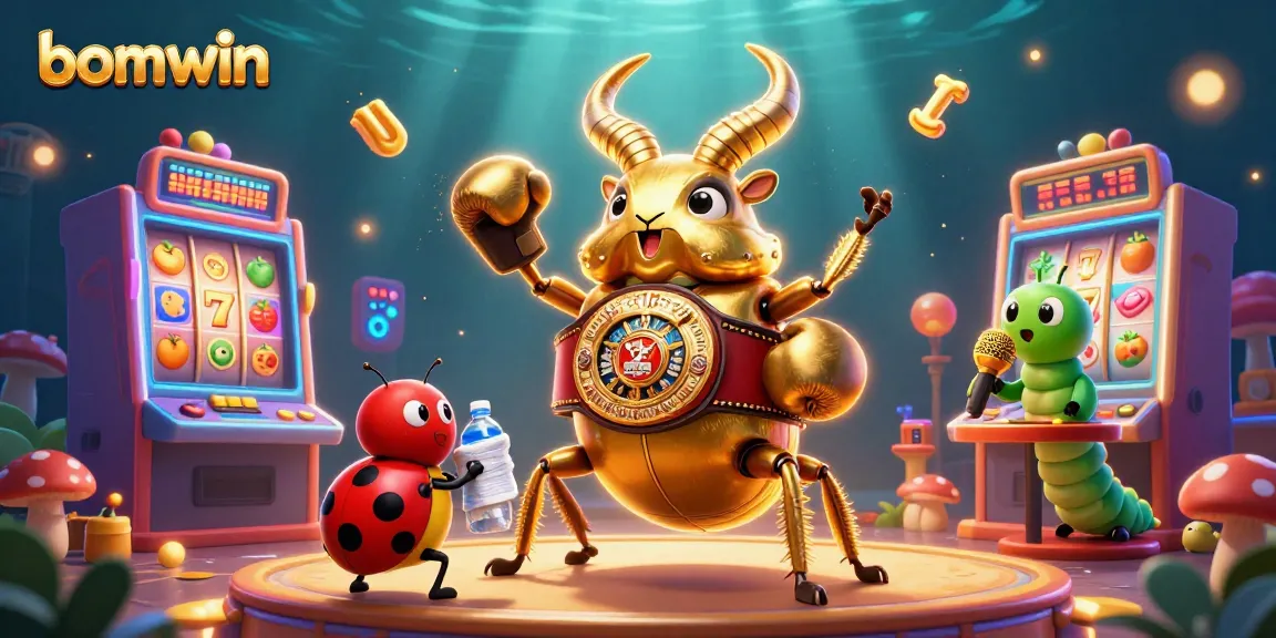 Experience the excitement of bomwin with a colorful 3D casino scene featuring dynamic slot machines and unique characters.