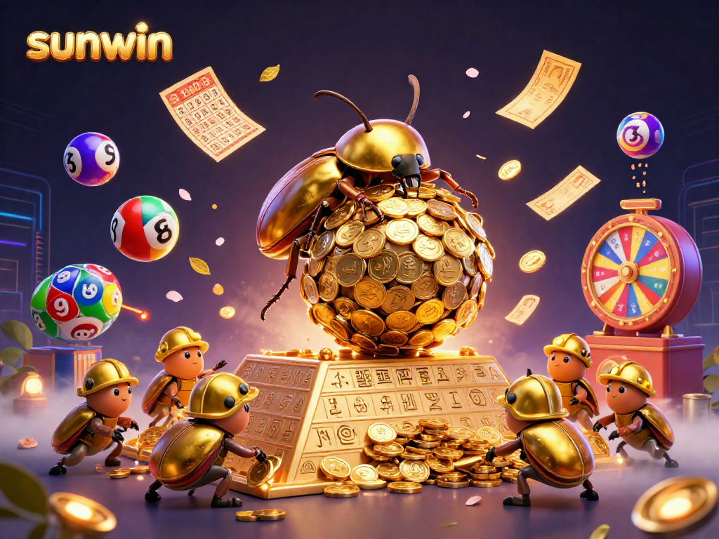 Experience thrilling gameplay with sunwin featuring golden beetles, casino symbols, and vibrant dynamic elements.