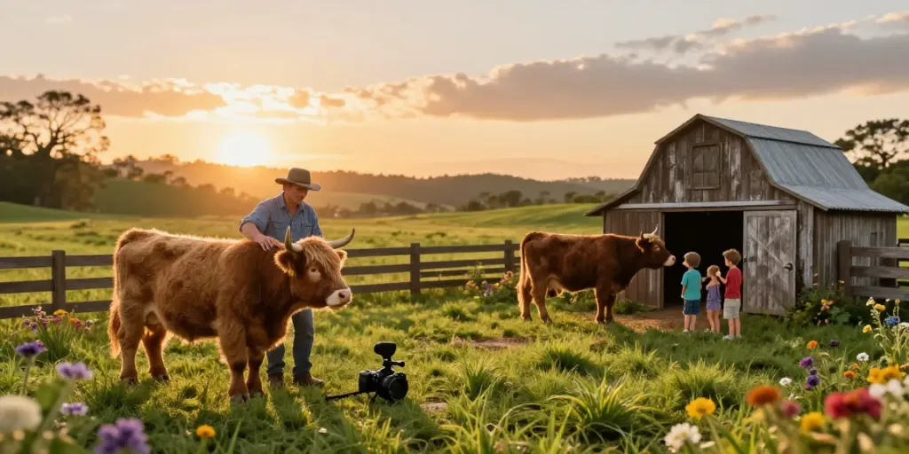 Mini cattle grazing in a sunlit rural pasture at a Florida farm.