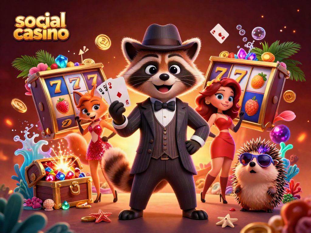 Engage in the thrill of social casino games with a vibrant 3D illustration showcasing raccoon, fox, and hedgehog characters.