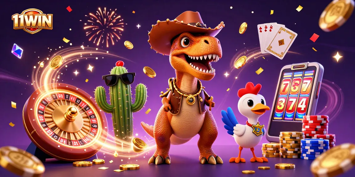 Engage in thrilling gameplay at 11WIN while enjoying a vibrant casino scene featuring unique characters.