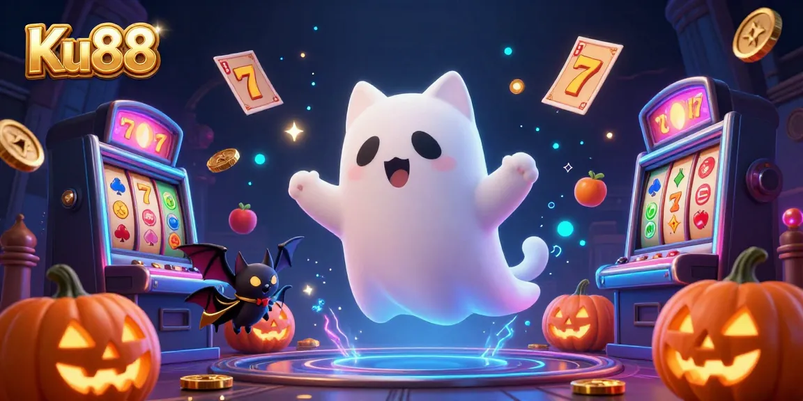 Experience the enchanting universe of Ku88 with a friendly ghost cat in a haunted casino.