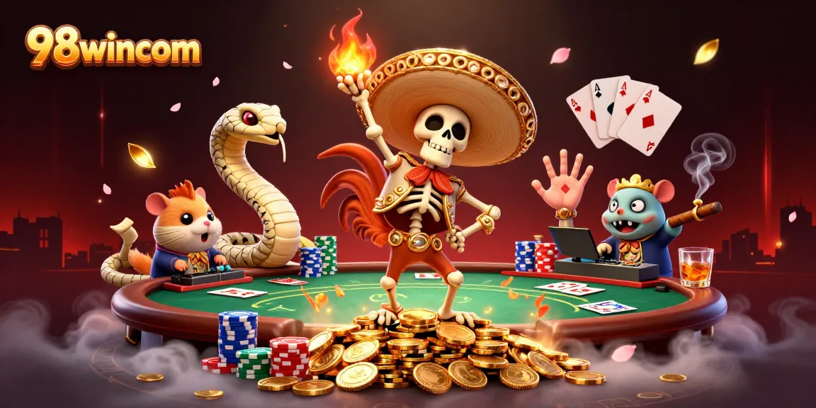 Engage with 98wincom's vibrant gaming scene featuring lively casino characters dancing on gold coins.