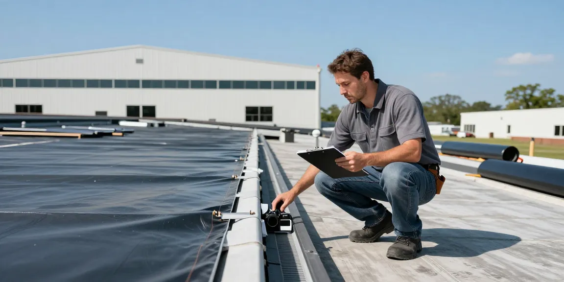 Commercial roofing expert assessing drainage and flat roof systems at https://avatarroofing.com/commercial-roofing-tampa/ in sunny Tampa.