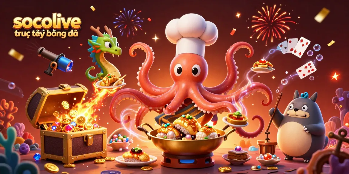 Socolive trực tiếp bóng đá showcasing a lively scene with an octopus chef preparing dishes amidst celebratory casino elements.