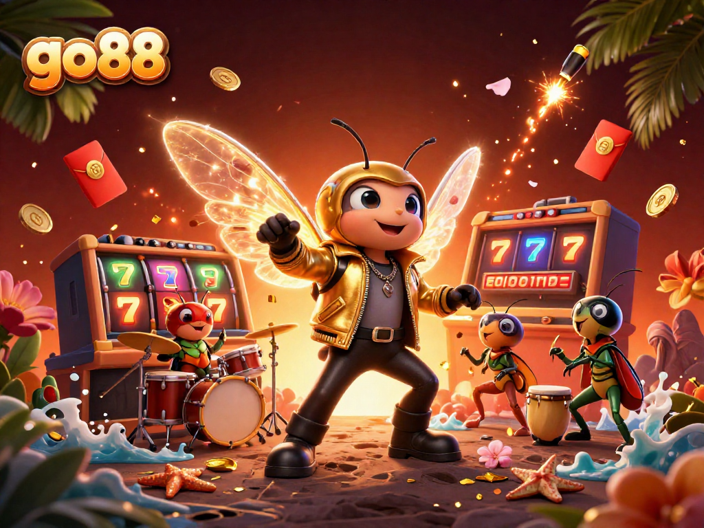Experience the excitement of go 88 with thrilling characters celebrating casino wins amidst vibrant symbols.