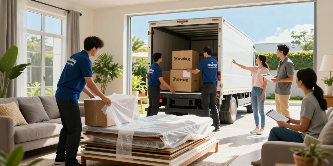 Professional Moving Company team packing boxes in a sunlit living room.