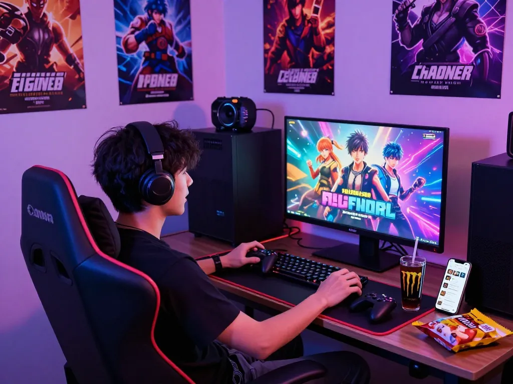 Engaged gamer exploring porn games HTML on a vibrant screen, surrounded by gaming accessories and snacks.