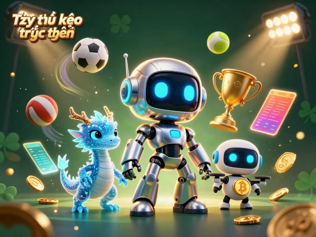 Exciting scene depicting Tỷ lệ kèo trực tuyến with a cyberpunk robot and sports elements promoting online betting.