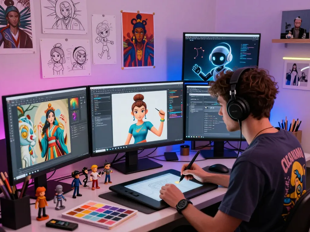 Creating vibrant NSFW AI character designs in a dynamic digital art studio.