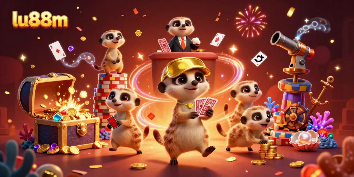 Experience excitement at lu88m with meerkats managing a vibrant casino scene filled with treasures.