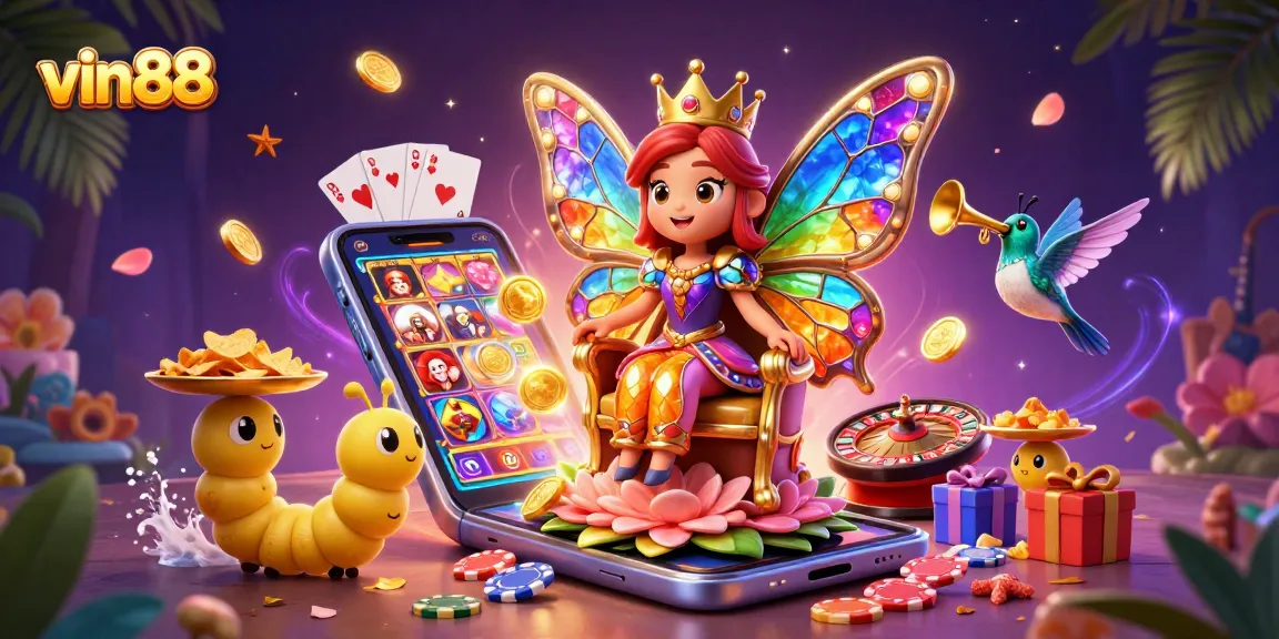 Experience excitement at vin88 with vibrant slot games and colorful casino elements in a 3D illustration.