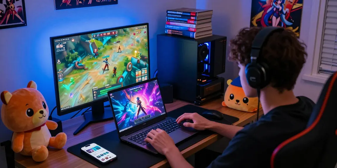 Immersive gaming experience with a player enjoying HTML hentai games on a laptop in a cozy, tech-savvy environment.
