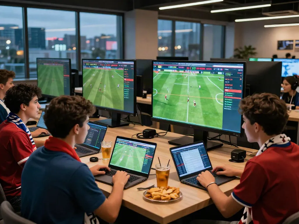Exciting sports betting scene at DEBET with friends enjoying live matches and betting strategies.