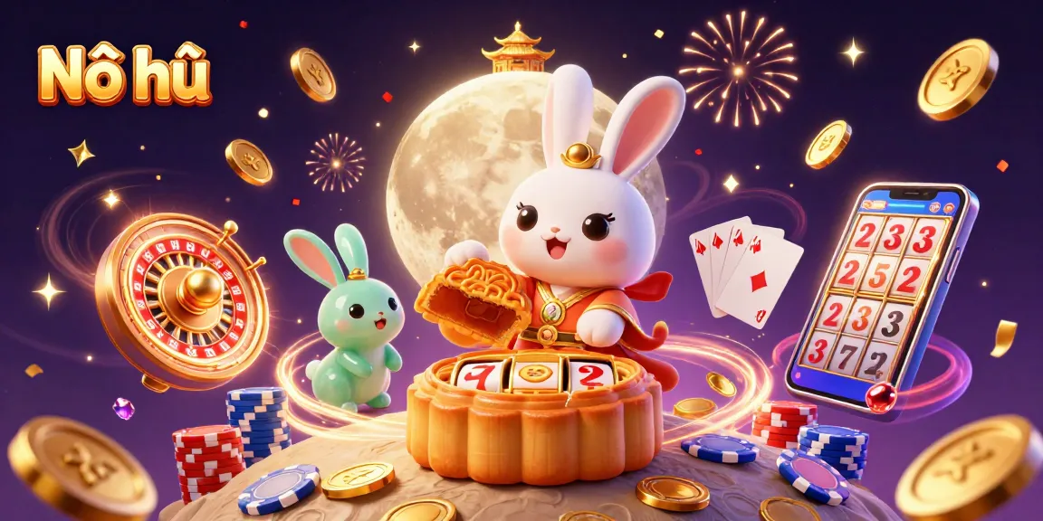 Nổ hũ jackpot scene with a moon rabbit and spinning slot reels surrounded by sparkling coins.