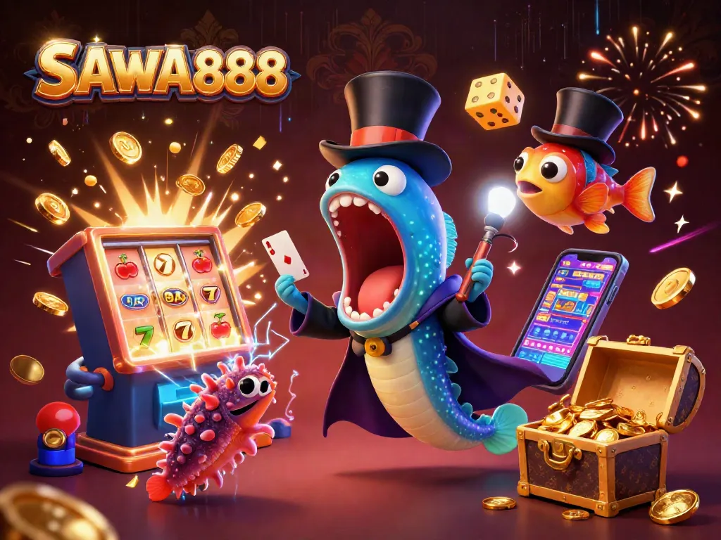 Experience thrilling wins with SAWA888 in this magical underwater casino scene featuring dazzling characters and games.