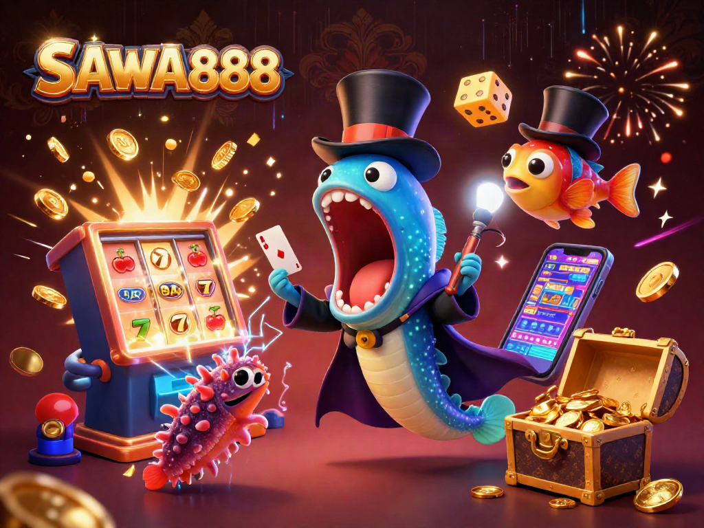 Experience thrilling wins with SAWA888 in this magical underwater casino scene featuring dazzling characters and games.