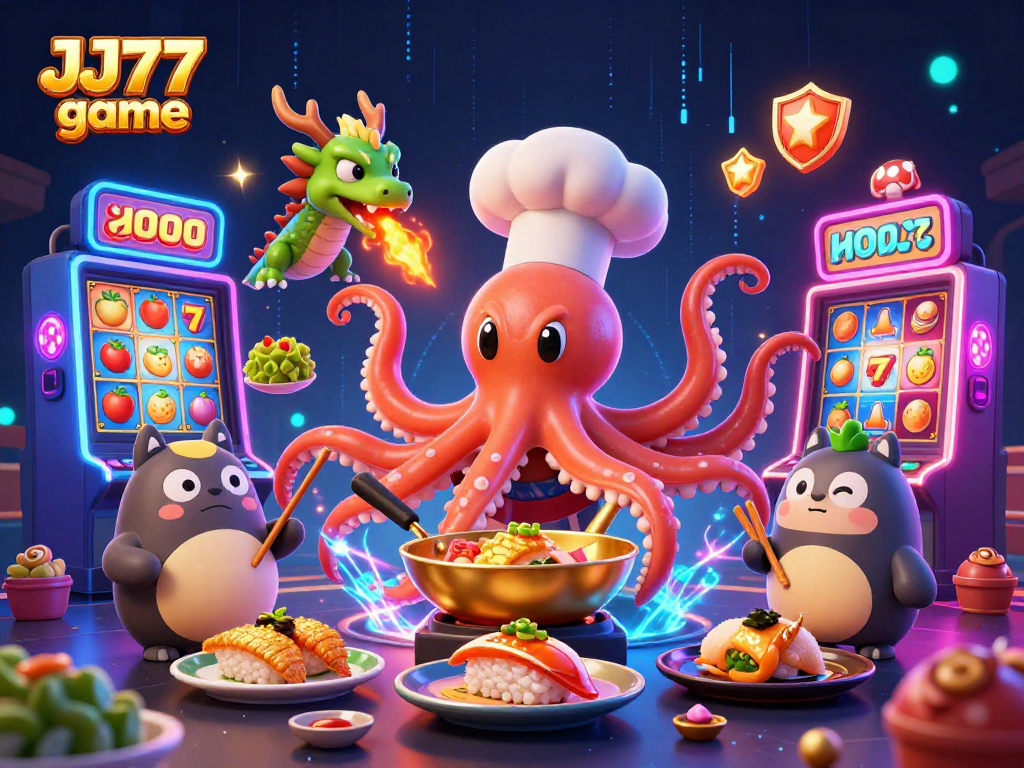 Experience the thrill of JJ77 game with vibrant characters and casino elements in a dynamic 3D scene.