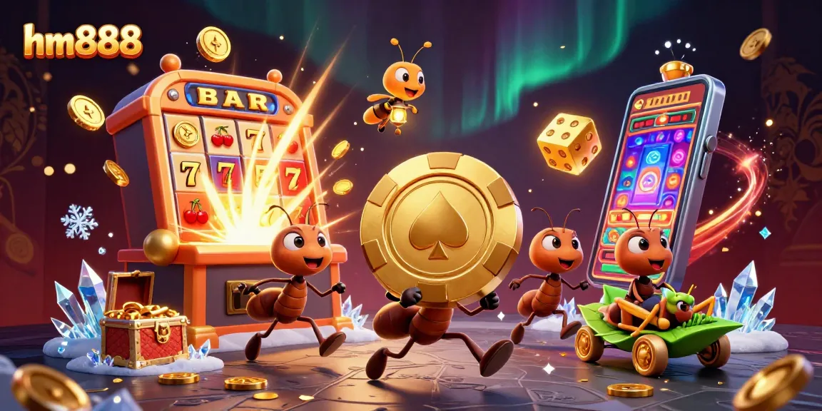 Engage with thrilling slots at hm888 while ants carry a giant chip through a vibrant casino heist.
