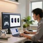 Engaging workspace showcasing innovative tech gadgets like Bluetooth controllers and health monitors in a bright, modern setting.